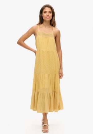 Vintage Cami Maxi-jurk met Kant Geel Grootte: 42