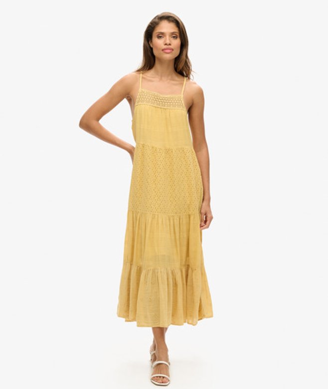Vintage Cami Maxi-jurk met Kant Geel Grootte: 40