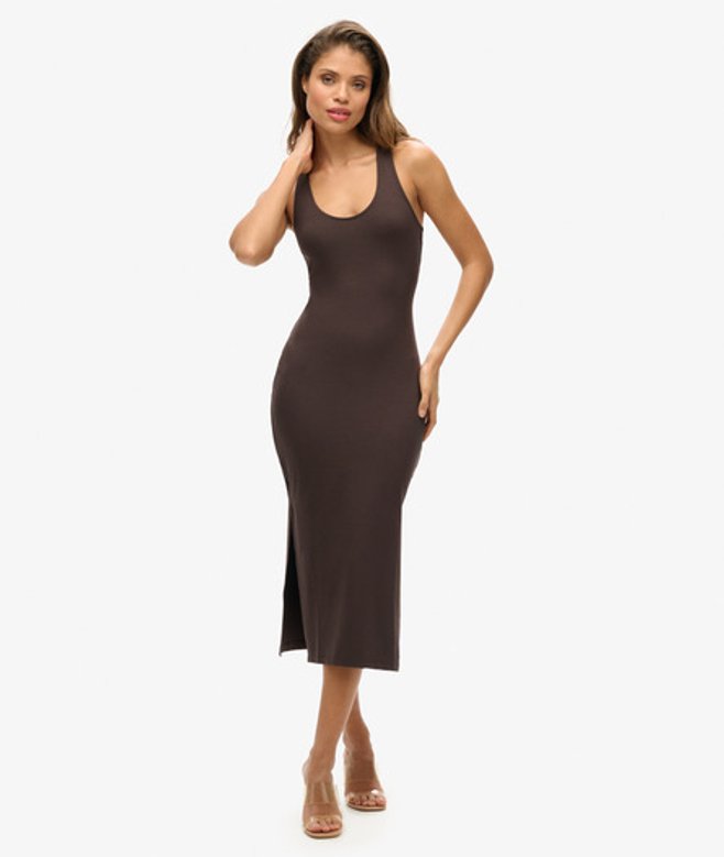 Jersey Midi-jurk met Laag Uitgesneden Ronde Hals Bruin Grootte: 40