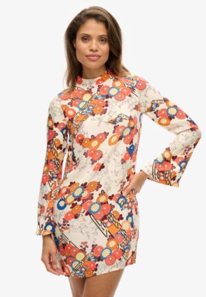 Mini-jurk met Print en Lange Mouwen Crème Grootte: 36