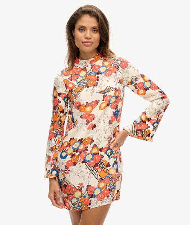 Mini-jurk met Print en Lange Mouwen Crème Grootte: 36