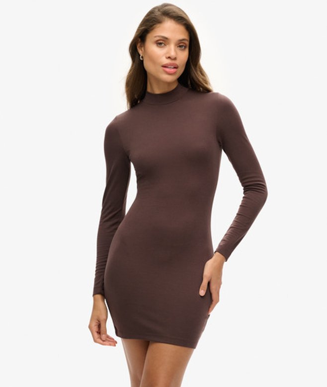 Jersey Mini-jurk met Hoge Hals Bruin Grootte: 42