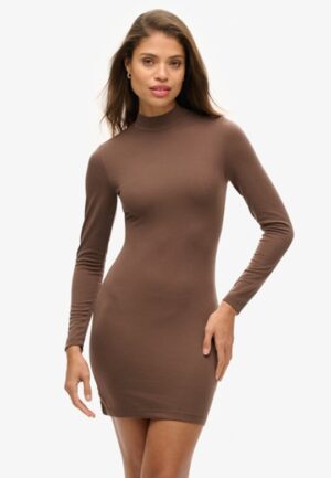 Jersey Mini-jurk met Hoge Hals Bruin Grootte: 36