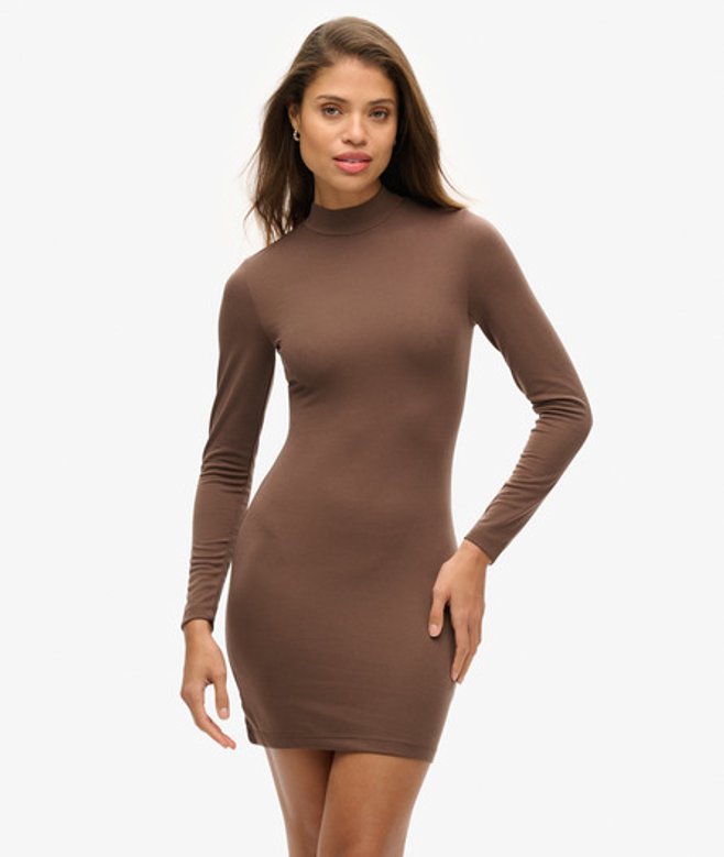 Jersey Mini-jurk met Hoge Hals Bruin Grootte: 36