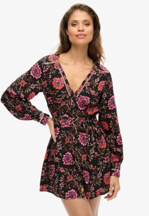 Mini-jurk met V-hals en Print Zwart Grootte: 38