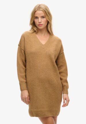 Gebreide Jurk met V-hals Beige Grootte: 38