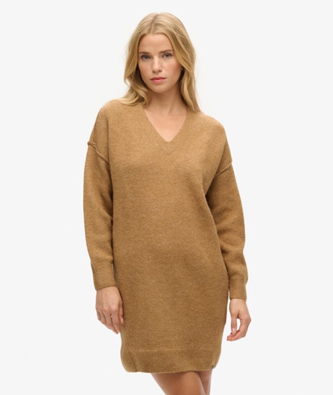 Gebreide Jurk met V-hals Beige Grootte: 38