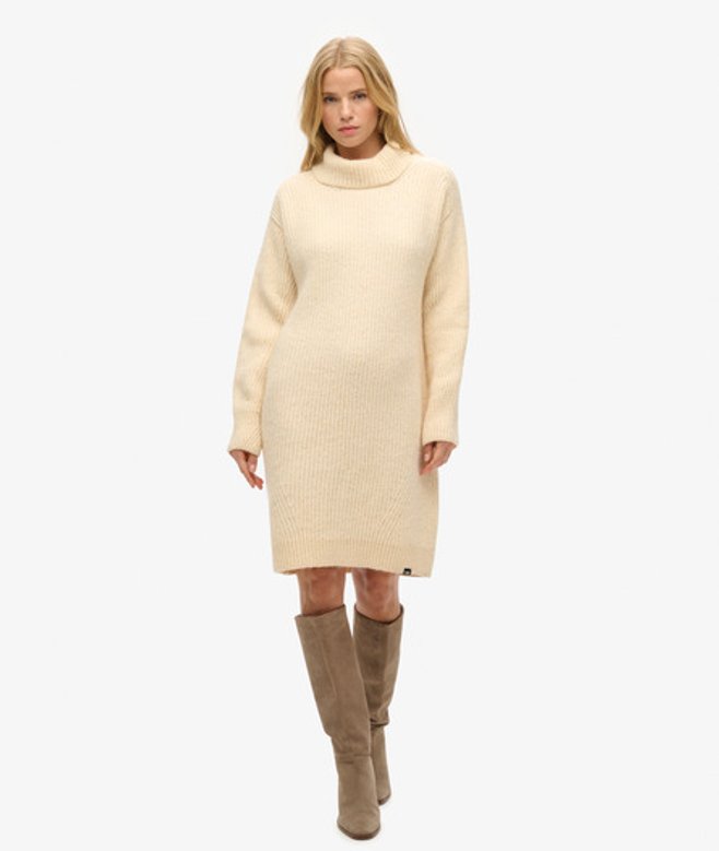 Gebreide Jurk met Rolkraag Beige Grootte: 36