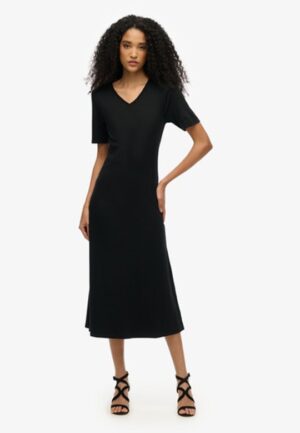 Jersey Midi-jurk met Korte Mouwen en V-hals Black Grootte: 36
