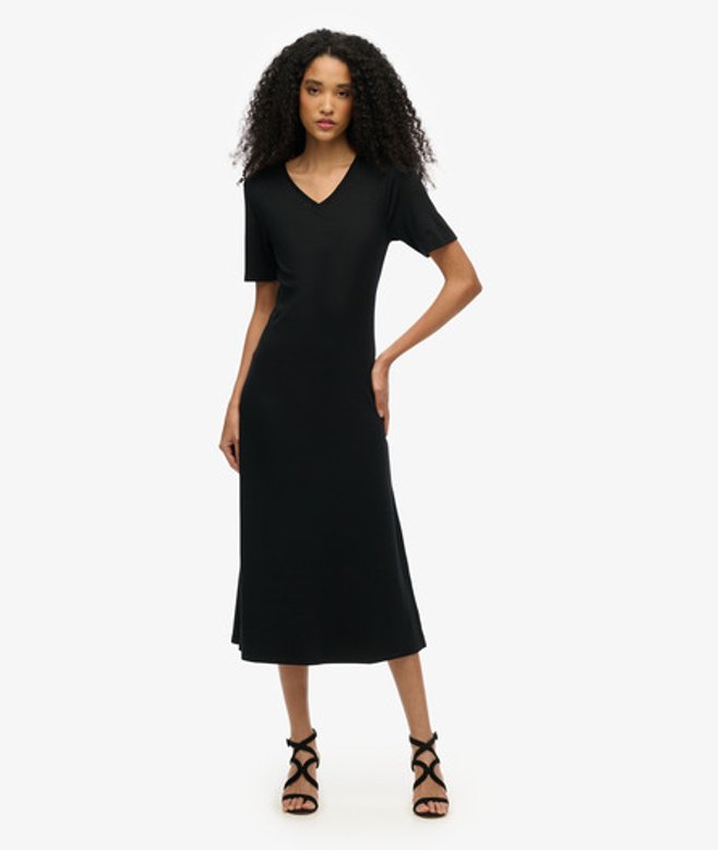 Jersey Midi-jurk met Korte Mouwen en V-hals Black Grootte: 36