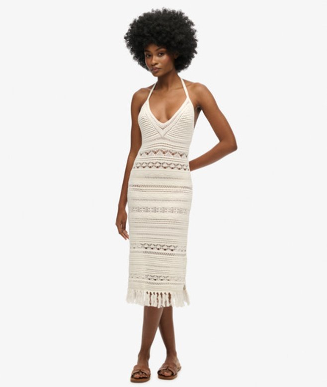 Gehaakte Midi-jurk met Kwastjes White Grootte: 42