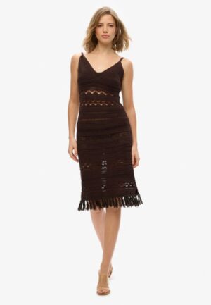 Gehaakte Midi-jurk met Kwastjes Brown Grootte: 36