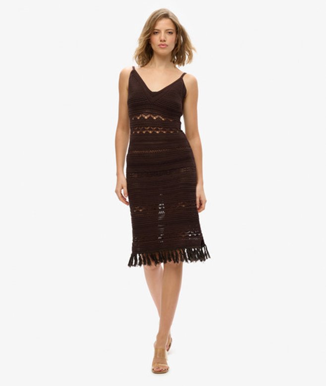 Gehaakte Midi-jurk met Kwastjes Brown Grootte: 36