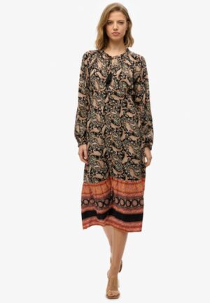 Midi-jurk met Lange Mouwen en Print Black Grootte: 38