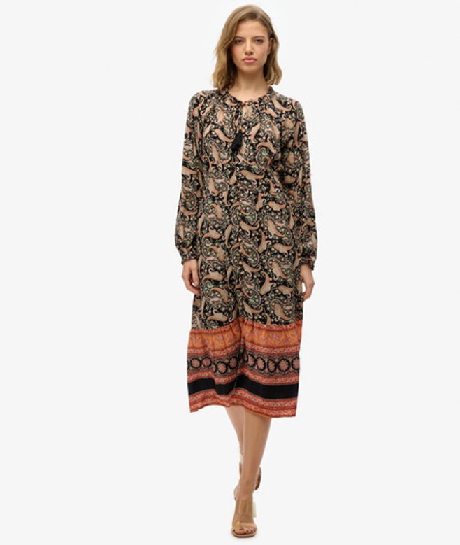 Midi-jurk met Lange Mouwen en Print Black Grootte: 38