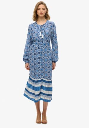 Midi-jurk met Lange Mouwen en Print Blue Grootte: 42