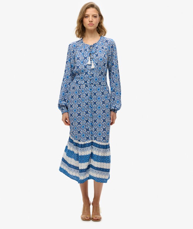 Midi-jurk met Lange Mouwen en Print Blue Grootte: 42