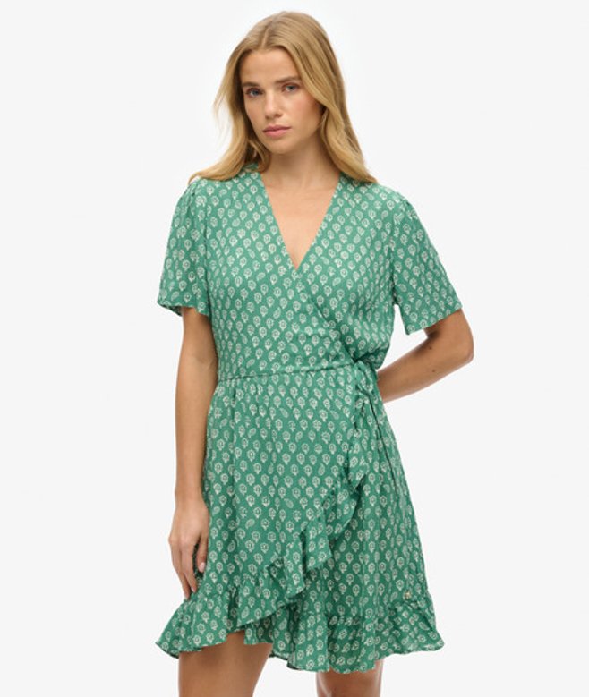 Mini-wikkeljurk met Print en Korte Mouwen Green Grootte: 36
