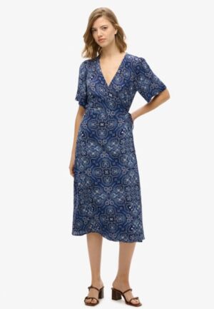 Bedrukte Midi Wikkel Jurk Blauw Grootte: 44