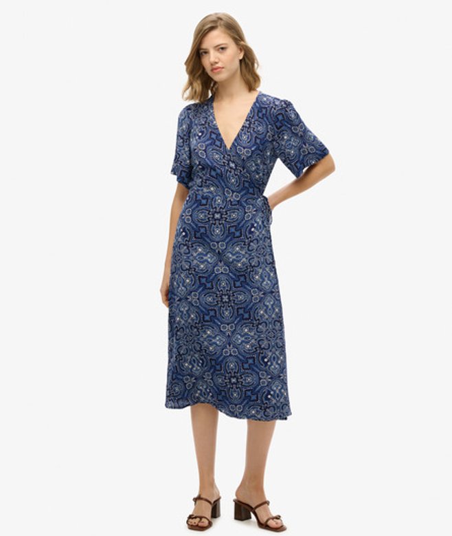 Bedrukte Midi Wikkel Jurk Blauw Grootte: 44