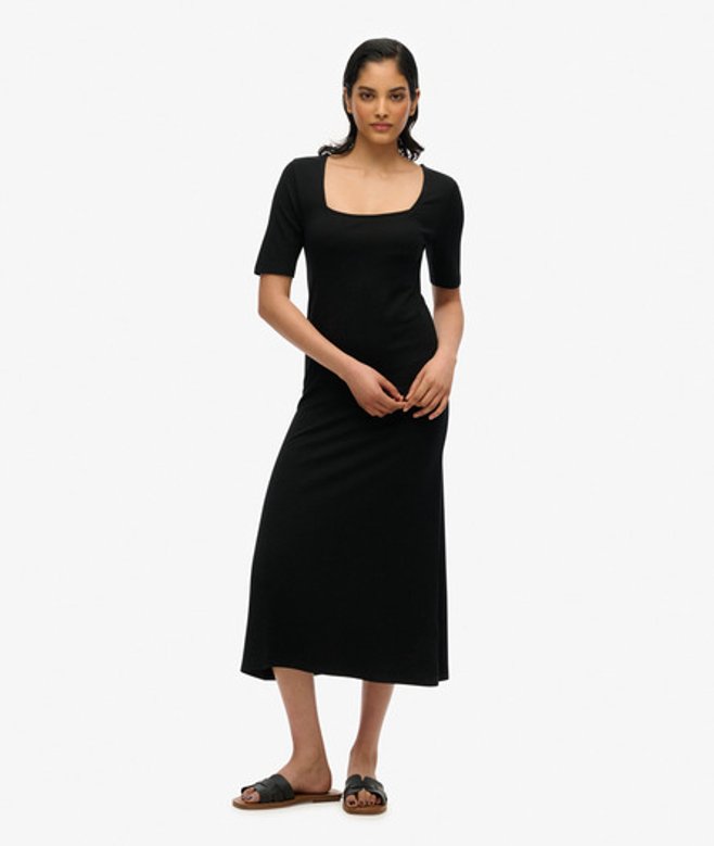 Jersey Midi-jurk met Korte Mouwen en Vierkante Hals Black Grootte: 38
