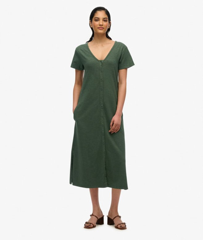 Jersey Midi-jurk met Korte Mouwen en Knoopsluiting Green Grootte: 40