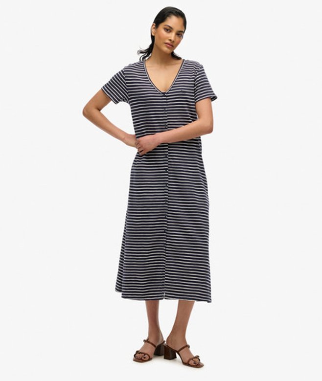 Jersey Midi-jurk met Korte Mouwen en Knoopsluiting Blauw Grootte: 38