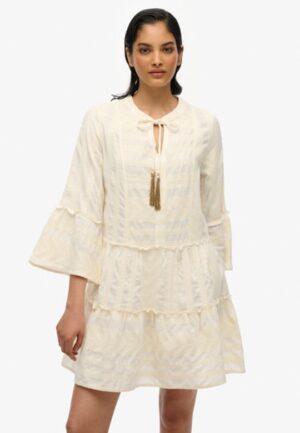 Ibiza Gelaagde Mini-jurk met Lange Mouwen White Grootte: 44