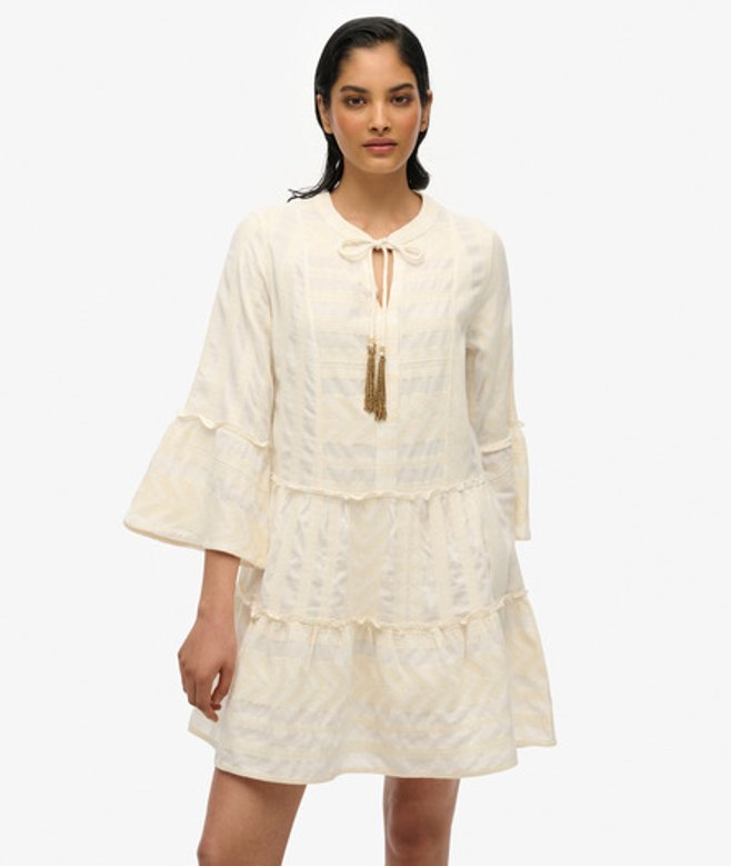 Ibiza Gelaagde Mini-jurk met Lange Mouwen White Grootte: 44