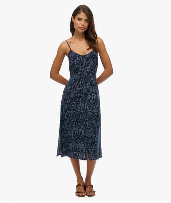 Cami Midi-jurk met Knoopsluiting en Print Blauw Grootte: 36