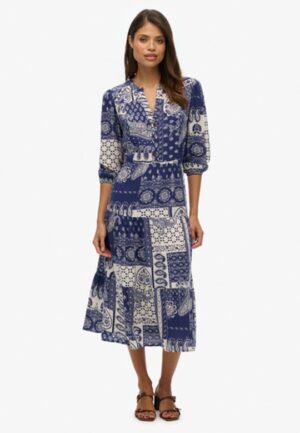 Geweven Midi-jurk in Laagjes Blauw Grootte: 36