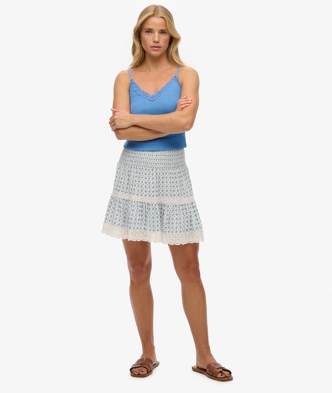 Minirok met Kant en Print Blue Grootte: 42
