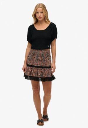 Minirok met Kant en Print Black Grootte: 38