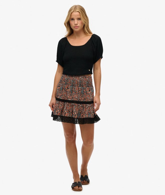 Minirok met Kant en Print Black Grootte: 38