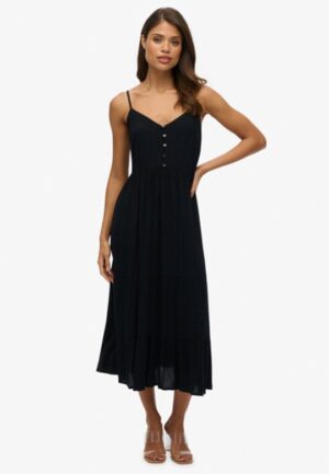 Gelaagde Midi-jurk met Halve Knoopsluiting Black Grootte: 42