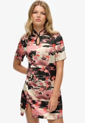 Mini-jurk van Jacquard met Mandarijnkraag Pink Grootte: 36