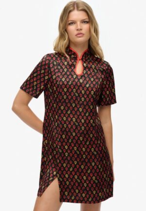 Mini-jurk van Jacquard met Mandarijnkraag Black Grootte: 36
