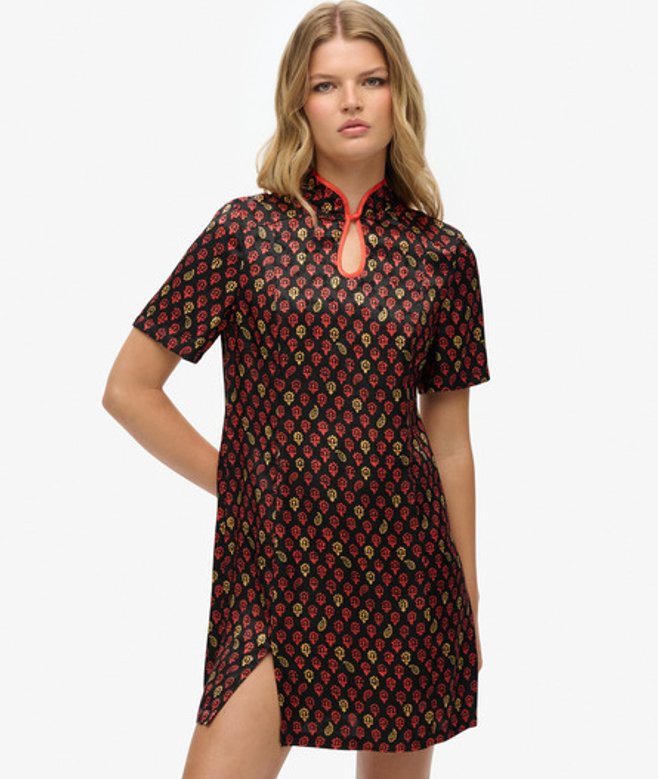 Mini-jurk van Jacquard met Mandarijnkraag Black Grootte: 36
