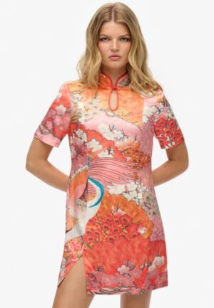 Mini-jurk van Jacquard met Mandarijnkraag Pink Grootte: 44