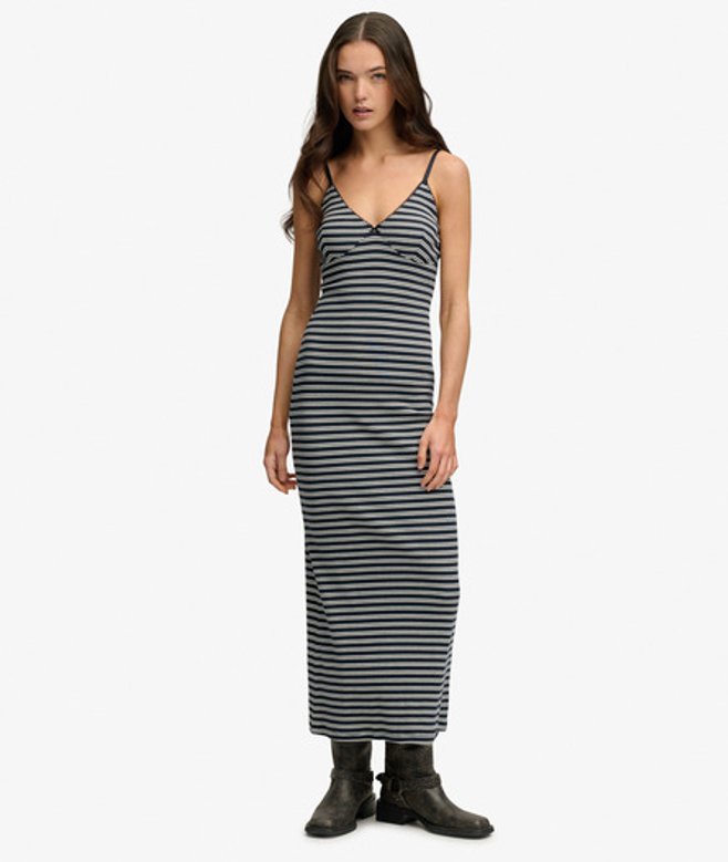 Gestreepte Ribjersey Maxi-jurk Blauw Grootte: 34